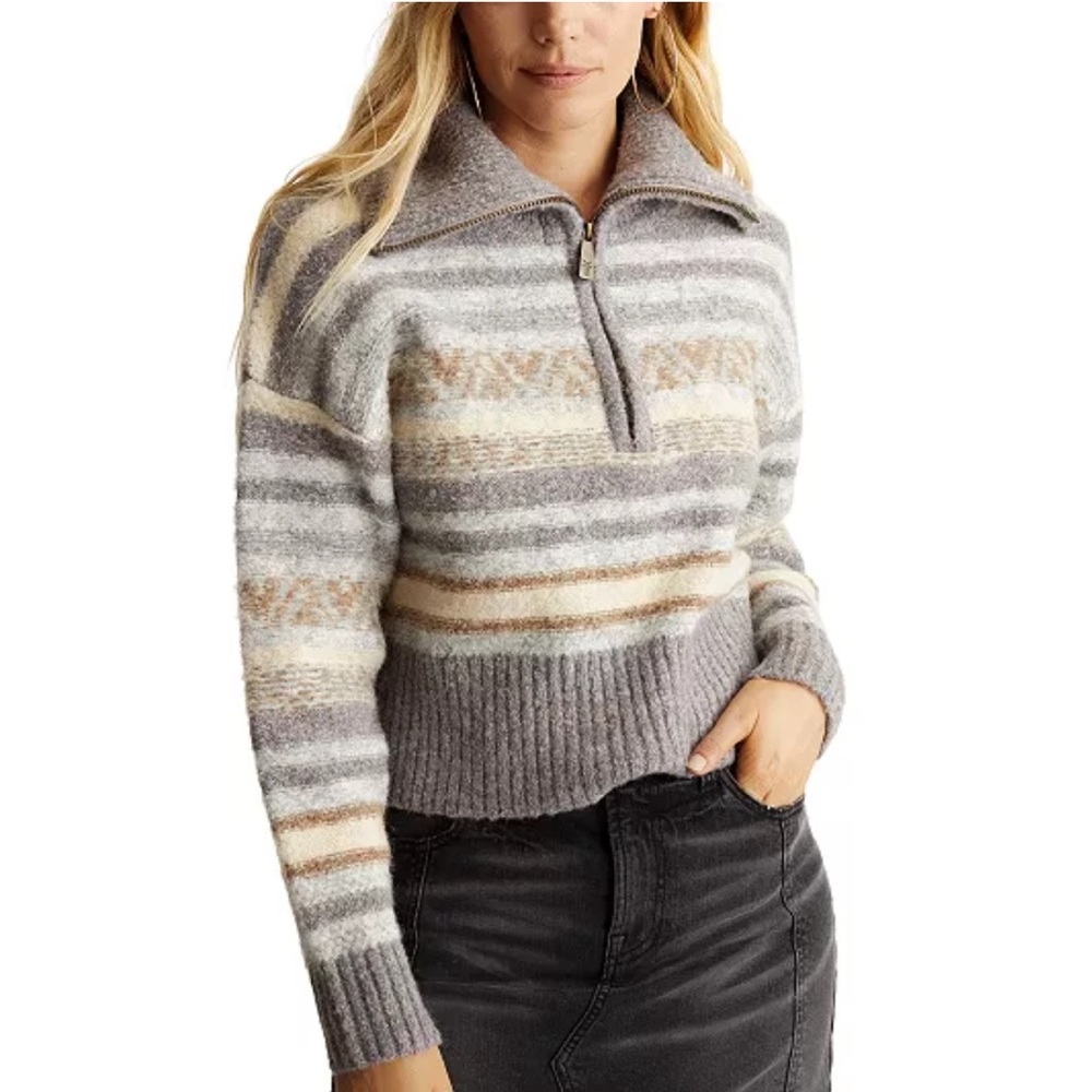 Frye Women's Gray and Cream Striped Half Zip Sweater